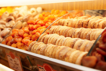 Dried fruits on food store shelf
