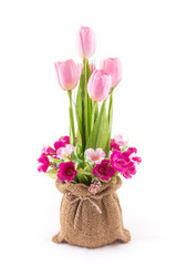 isolated image of the fake flower with red tulips on white backg
