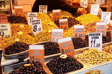 Olive fruits on market display