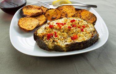 Baked Sea Bass and Yam Slices with Red Wine