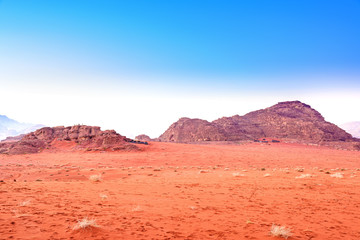 Scenic Jordanian desert in Wadi Rum, Jordan at early-morning.