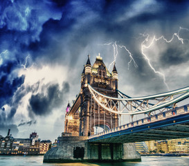 Dramatic sky over Tower Bridge and river Thames - London