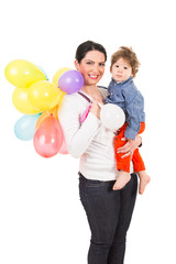 Mother and toddler with many balloons