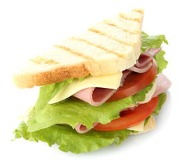 Tasty sandwich with ham, isolated on white