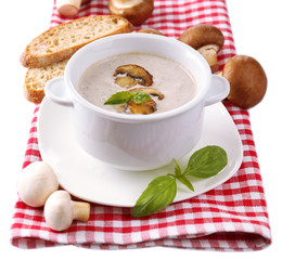 Mushroom soup in white pot, on napkin, isolated on white
