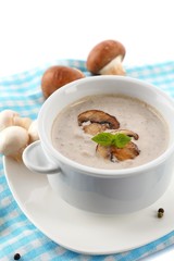 Mushroom soup in white pot, on napkin, isolated on white