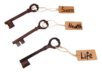 Keys to happiness, Conceptual photo. Isolated on white