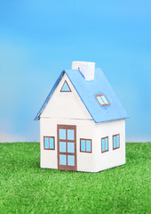 Little house on green grass, on bright background