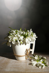 Beautiful snowdrops in cup on grey background
