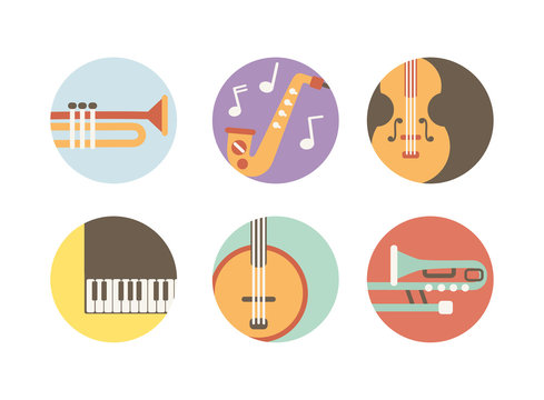 set of 6 round icons with music instruments