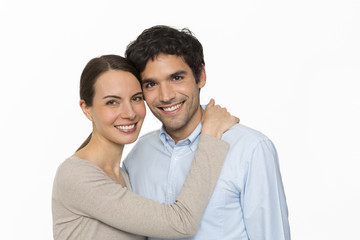 Happy  young lover couple standing on white background, isolated