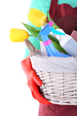 Housewife holding basket with cleaning equipment. Conceptual
