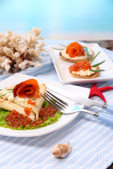 Pancakes with red caviar, salmon and mayo, green onion,