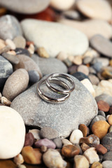 Fototapeta na wymiar Wedding rings on rocks close-up