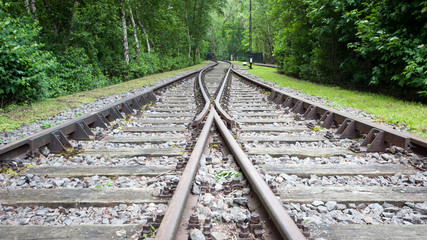 Old train rail perspective view inside the park of German Museum