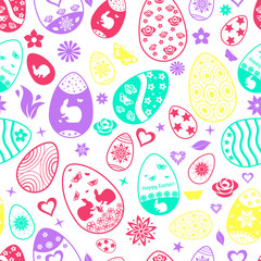 Seamless pattern of Easter eggs, multicolored on white