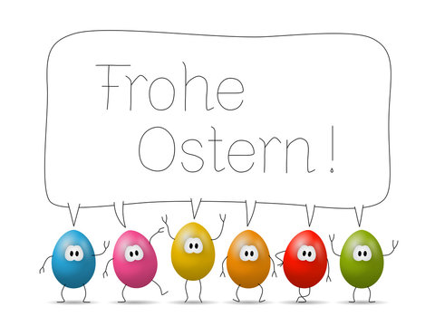 Lustige bunte Comic-Eier mit Sprechblase "Frohe Ostern!"
