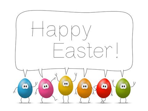 Funny colourful comic eggs with bubble "Happy Easter!"