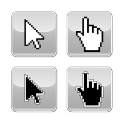 Pixel cursors icons: hand and arrow. Vector illustration.