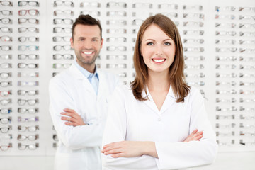 Fototapeta premium Team of happy opticians optometrists