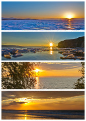 Collage. The Sun above the water. Four seasons. Calendar