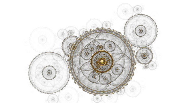 old clock mechanism, ancient metallic cogwheel on white