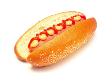 hot dog with tomato ketchup and mustard