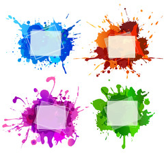 Fototapeta na wymiar Set of colorful frames with ink splashes. Isolated on white back