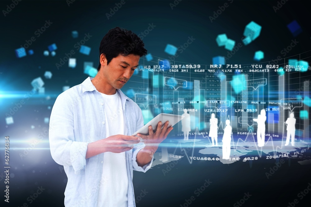 Poster Casual man using tablet with interface
