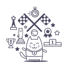 Character winner with a medal line art composition of profession