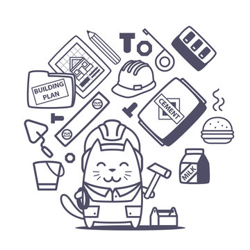 cat builder with tools and building plans clip art preview