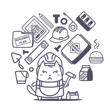 cat builder with tools and building plan clip art preview