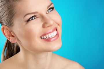 Teeth cure and whitening. Beauty woman with healthy smile