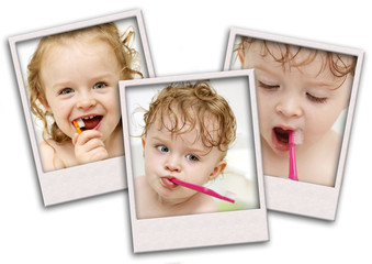 Collage of three photos of toddler with toothbrush.