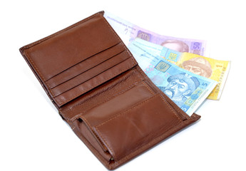 Purse with the Ukrainian money on a white background