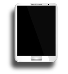 White tablet with blank, shiny screen isolated on white