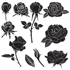 Silhouette lush rose flowers set - obrazy, fototapety, plakaty