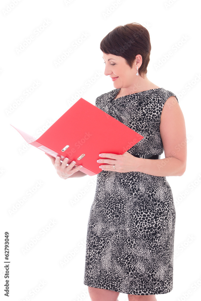 Wall mural middle aged businesswoman with folder isolated on white