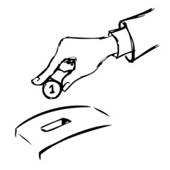 Hand inserting a coin into a bank