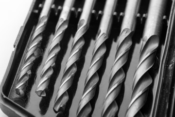 Drill bits isolated on white in box