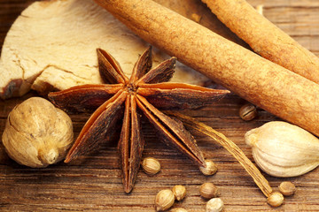 Herbs and Spices over wooden background