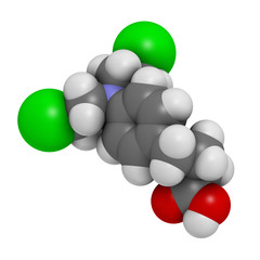 Chlorambucil leukemia drug molecule. Nitrogen mustard.