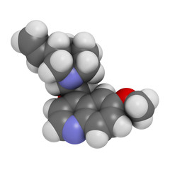 Quinine malaria drug molecule. Isolated from cinchona tree bark.