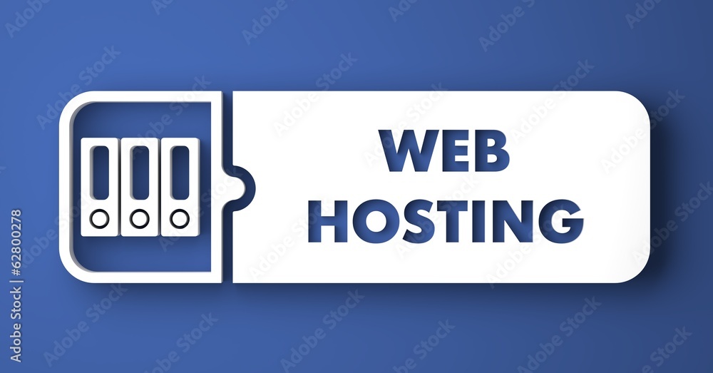 Aufkleber web hosting on blue in flat design style.