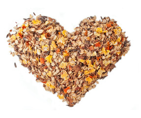 sportive muesli for horse background  . in form of heart. isolat
