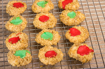 Thumbprint cookies fresh the oven on cooling rack