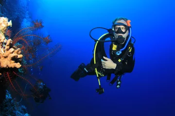 Foto auf Leinwand Taucher und Korallenriff unter Wasser © Richard Carey