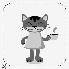 Cute kitty in clothes holding a cup of coffee