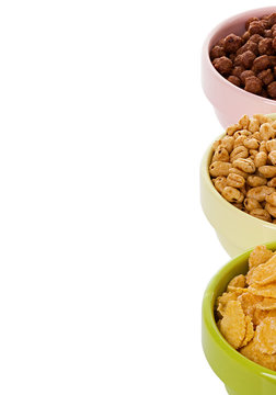 assortment dry cereal, flakes  for breakfast, isolated on white