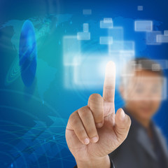 Business man pushing creative social network button background